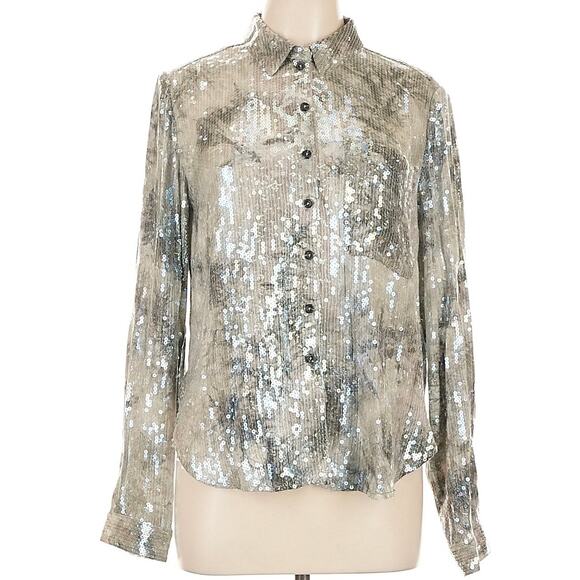 Anthropologie Pilcro Silver and Gray Sequin Button Up Blouse Shirt Sz Large NEW - Picture 3 of 14